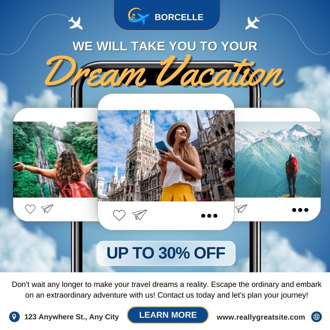 Blue and White Modern Travel Promo Instagram Post